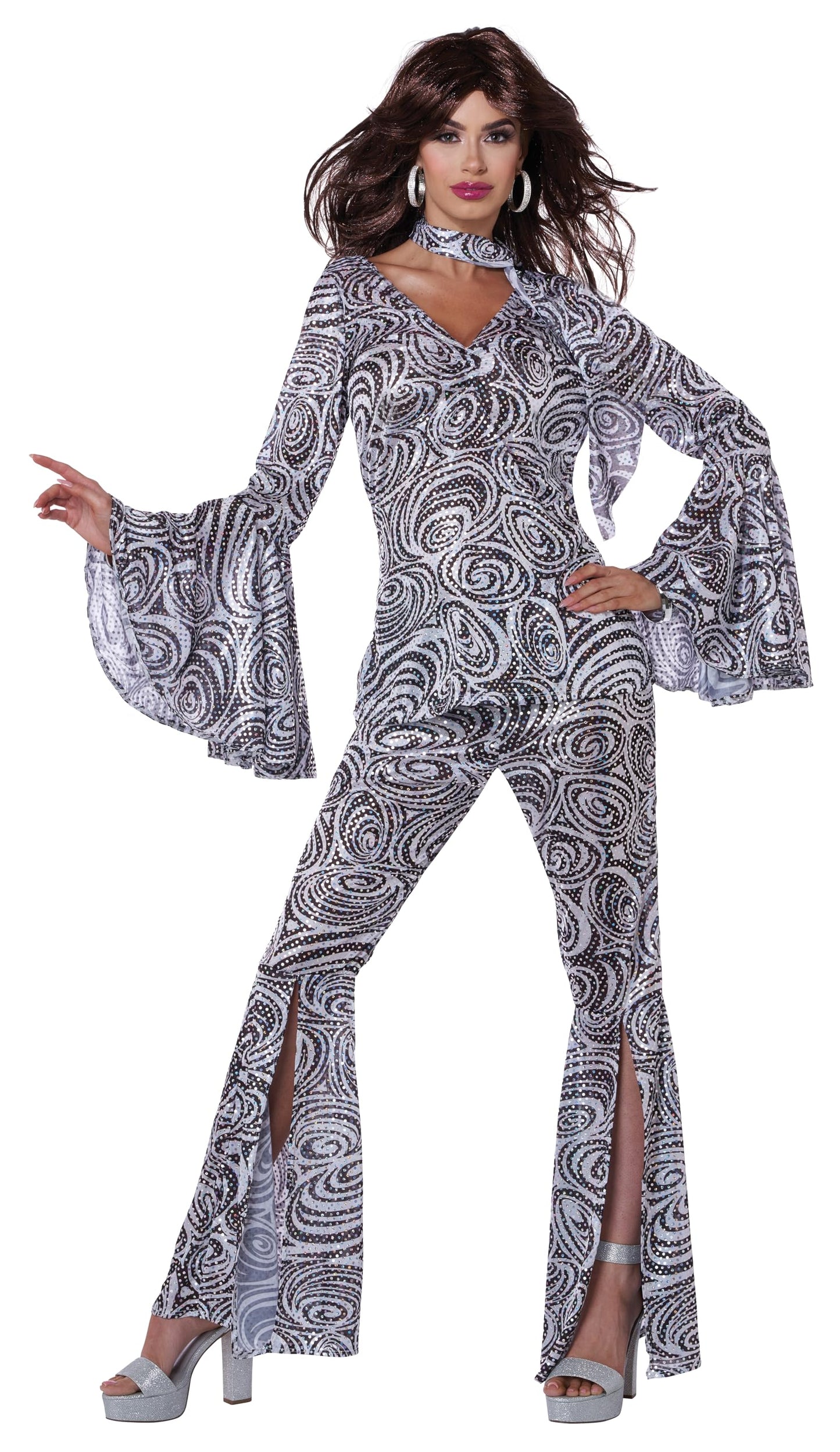 Foxy Lady Disco Costume - Women's 70s Retro Outfit with Bell Bottoms White,black