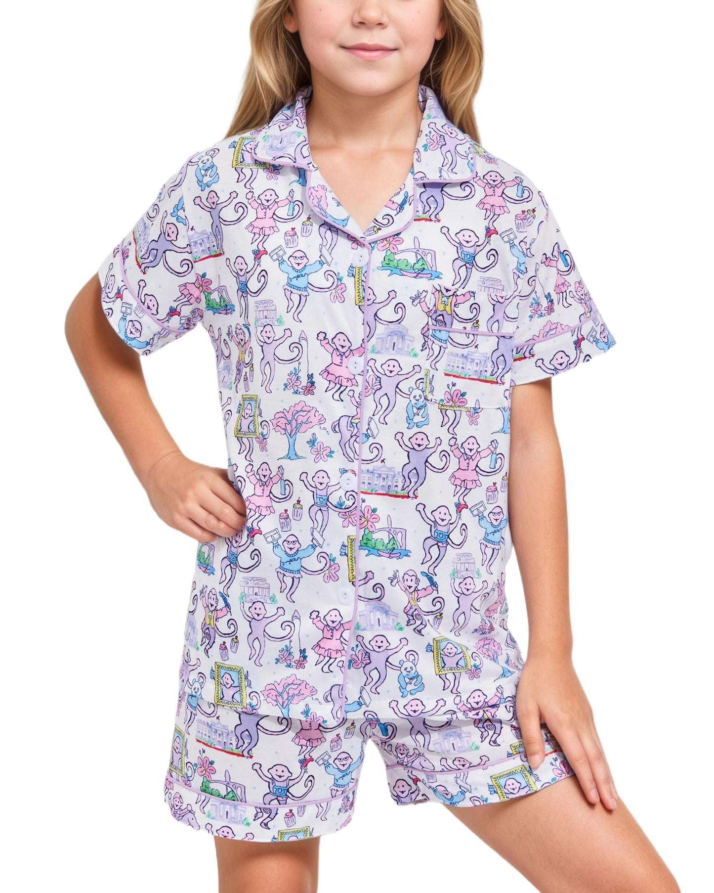 Roller Rabbit Pajamas Kids - Girls Summer 2 Piece Set - Button Down Top and Shorts