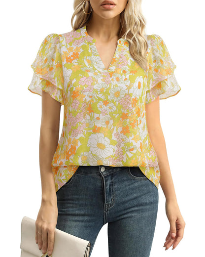 Polyester Blouses - Women's Chiffon Blouse V-Neck Puff Sleeve Summer Top for Work and Casual Wear Floral Yellow