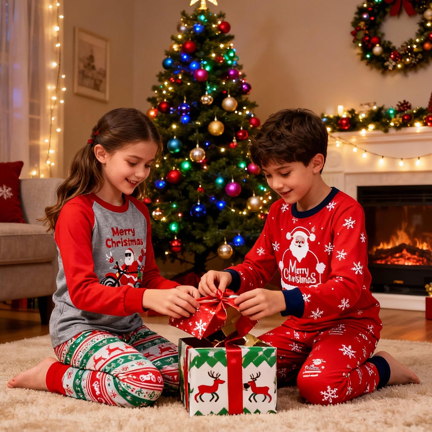 Tphon Kids Christmas Pajamas Sets Santa Claus Dinosaur Sleepwear Long Sleeve PJS Set for Boys Girls 2-12 Years