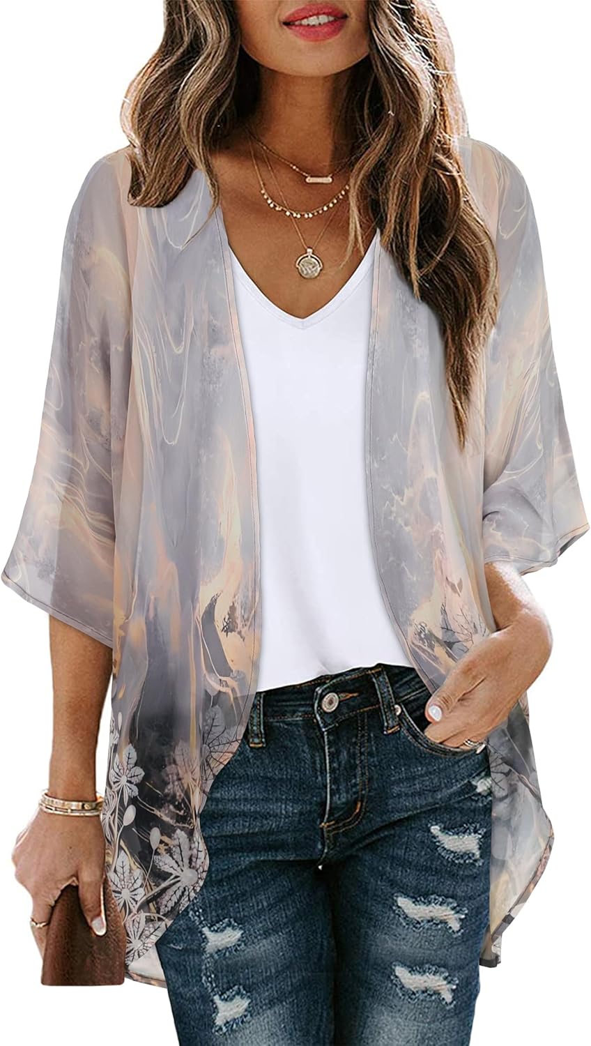 Floral Print Kimono Cardigan Women Puff Sleeve Cover Up Casual Blouse Loose Top Grey Gold Floral