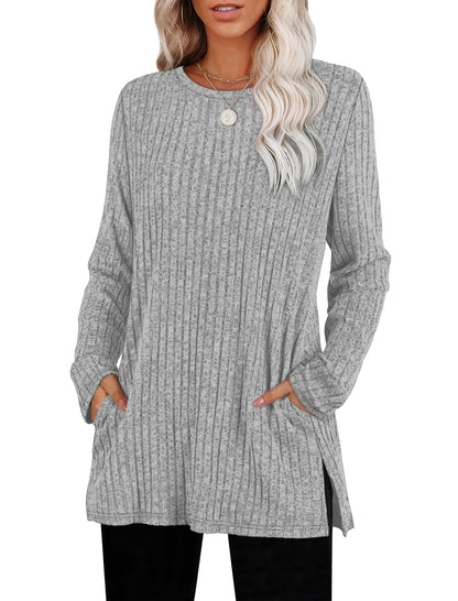 Women's Crewneck Sweater with Pockets - Long Sleeve Tunic Top with Side Slits