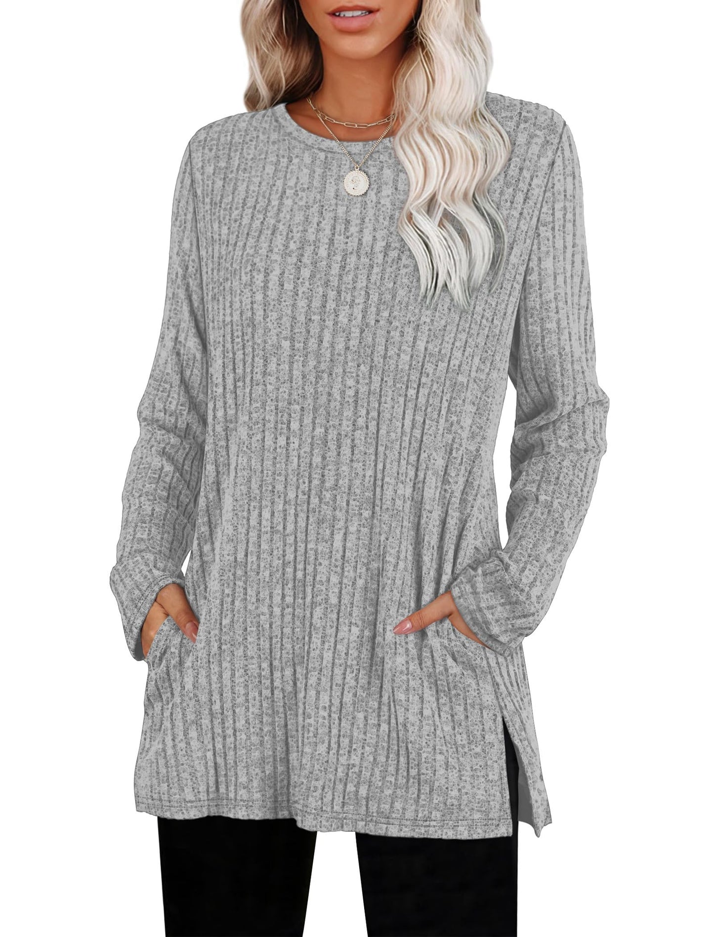 Women's Crewneck Sweater with Pockets - Long Sleeve Tunic Top with Side Slits