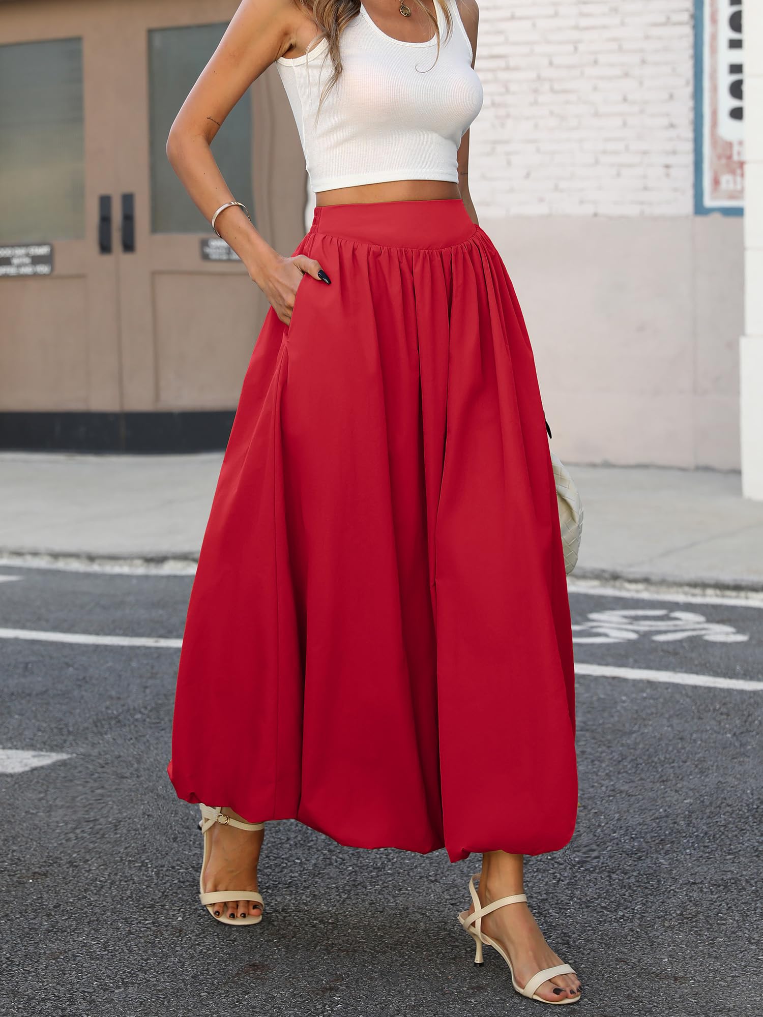 Bubble Skirt with Pockets - Elastic Waist Y2K A-Line Long Skirt for Women