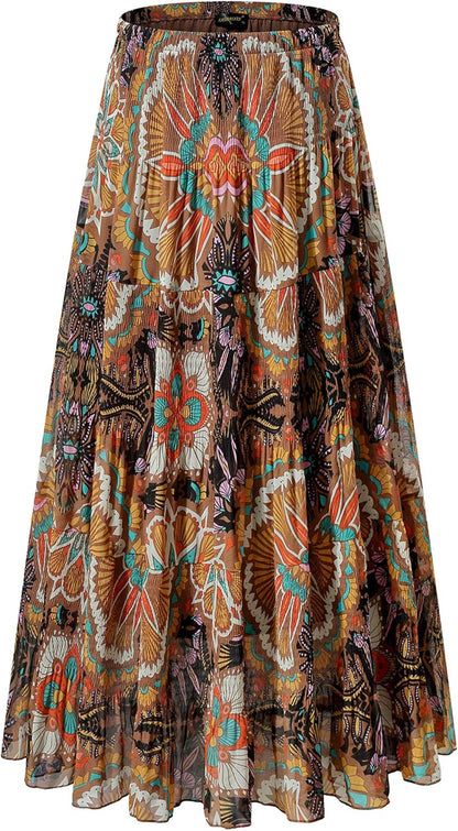 Chiffon Maxi Skirt for Women - High Waist Pleated A-Line Flared Long Skirt Flower-205