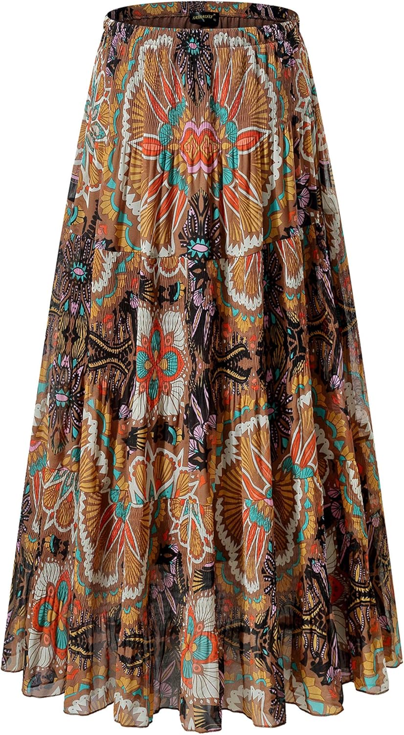 Chiffon Maxi Skirt for Women - High Waist Pleated A-Line Flared Long Skirt Flower-205