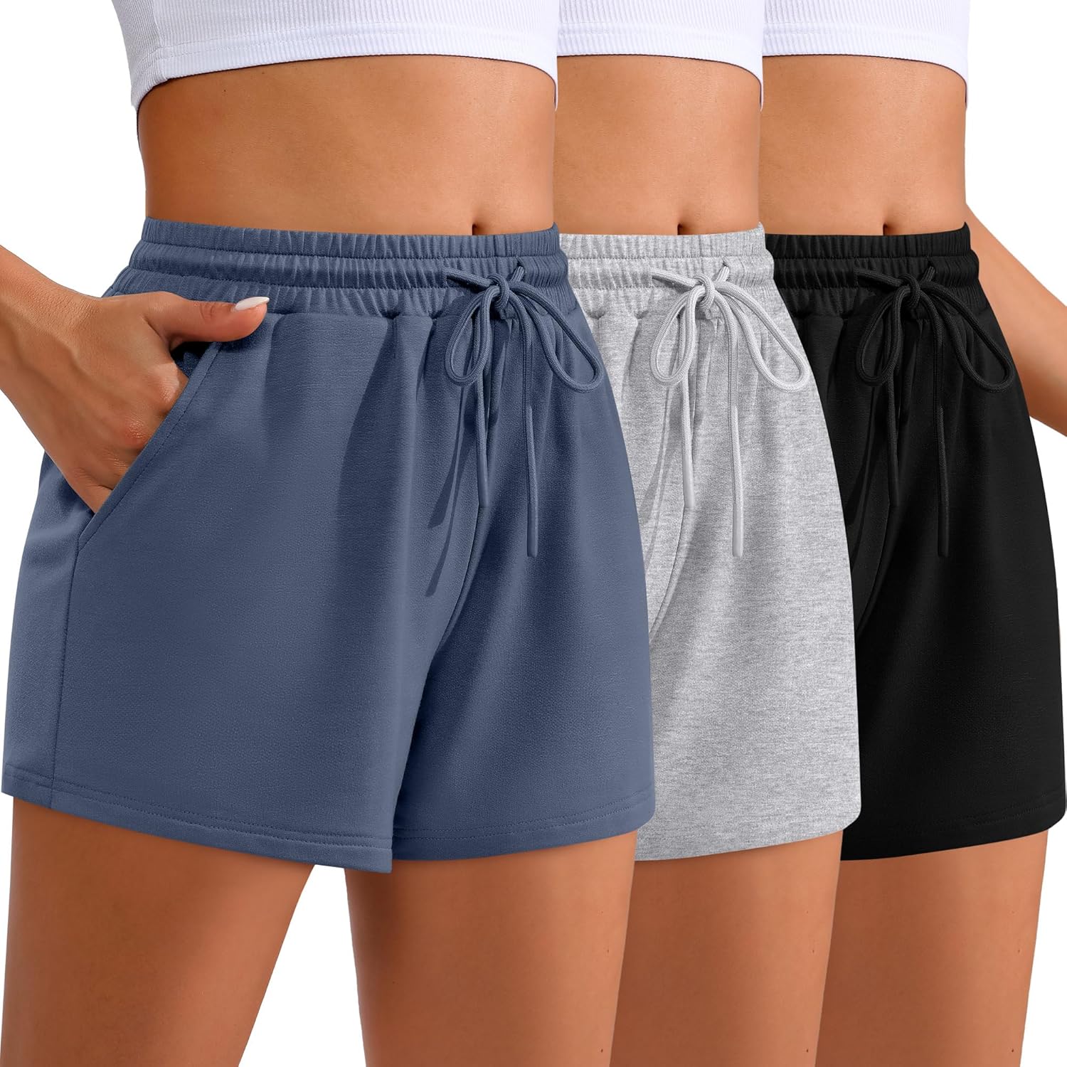 Women Sweat Shorts 3-Pack - High Waist Athletic Lounge Shorts with Pockets