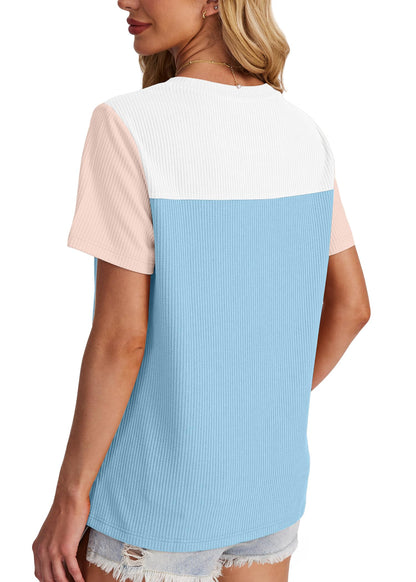 Women's Color Block Knit Shirt Short Sleeve Crewneck Top