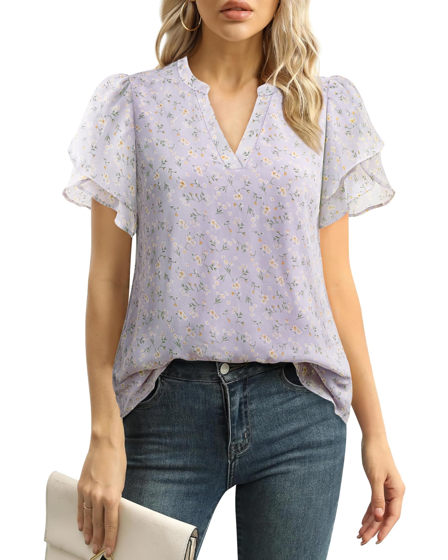 Polyester Blouses - Women's Chiffon Blouse V-Neck Puff Sleeve Summer Top for Work and Casual Wear Floral Purple