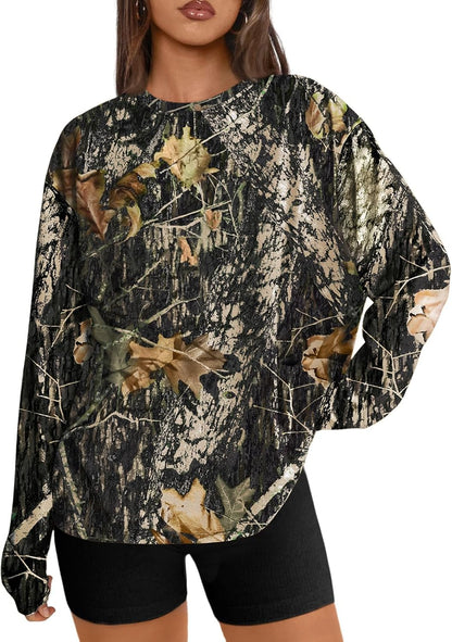 Women's Oversized Long Sleeve T-Shirt Casual Crewneck Basic Tee X-Large Camoblack