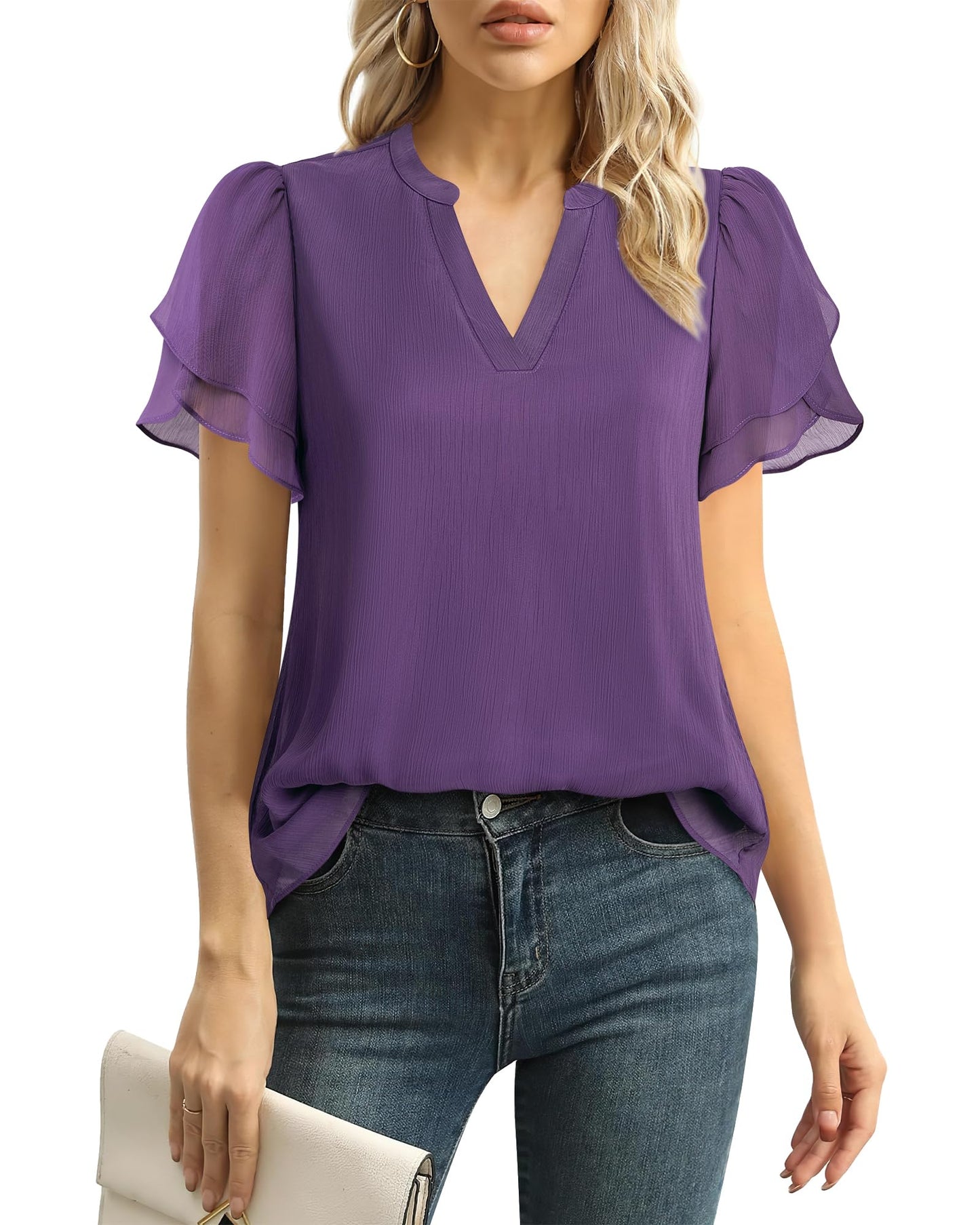 Polyester Blouses - Women's Chiffon Blouse V-Neck Puff Sleeve Summer Top for Work and Casual Wear Purple