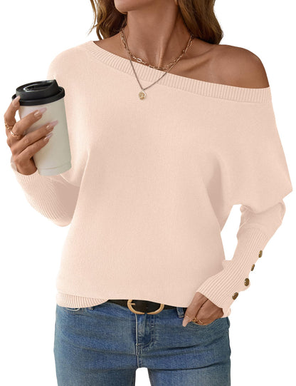Women's Off The Shoulder Sweater - Oversized Knit Batwing Sleeve Pullover