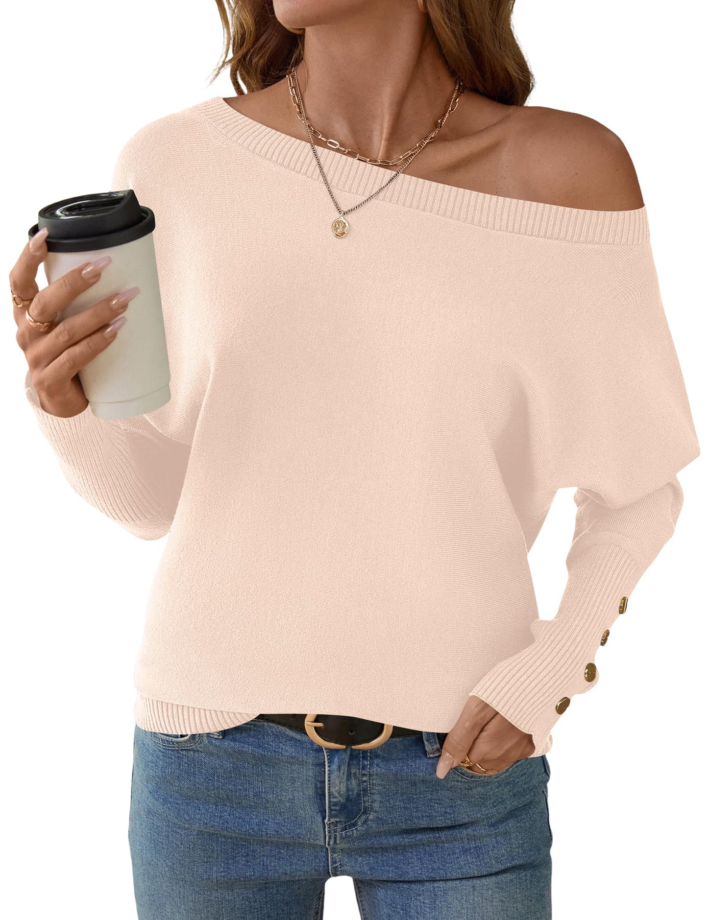 Women's Off The Shoulder Sweater - Oversized Knit Batwing Sleeve Pullover Apricot
