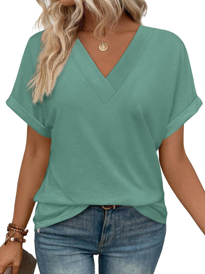 Womens Summer Tops V Neck Short Sleeve Shirts Casual Dolman Sleeve Fashion Blouse Green Blue