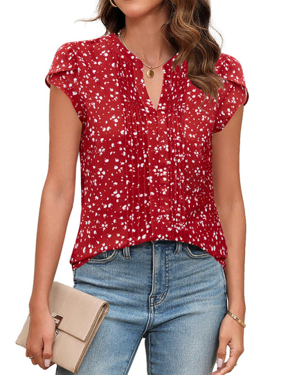 Beautiful Blouses For Ladies - Women's V-Neck Blouse with Pintuck Detail Short Petal Sleeve Business Top Red Floral
