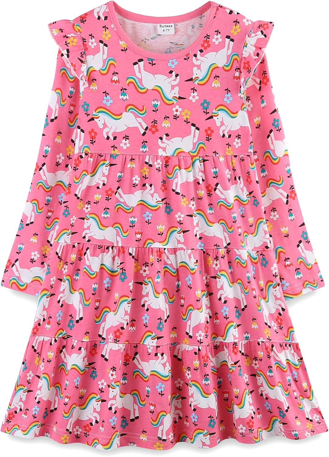 Bumeex Girl's Dresses Cotton Ruffle Sleeve Tiered Swing A-Line Cute Midi Casual Sundress #Pink Unicorn