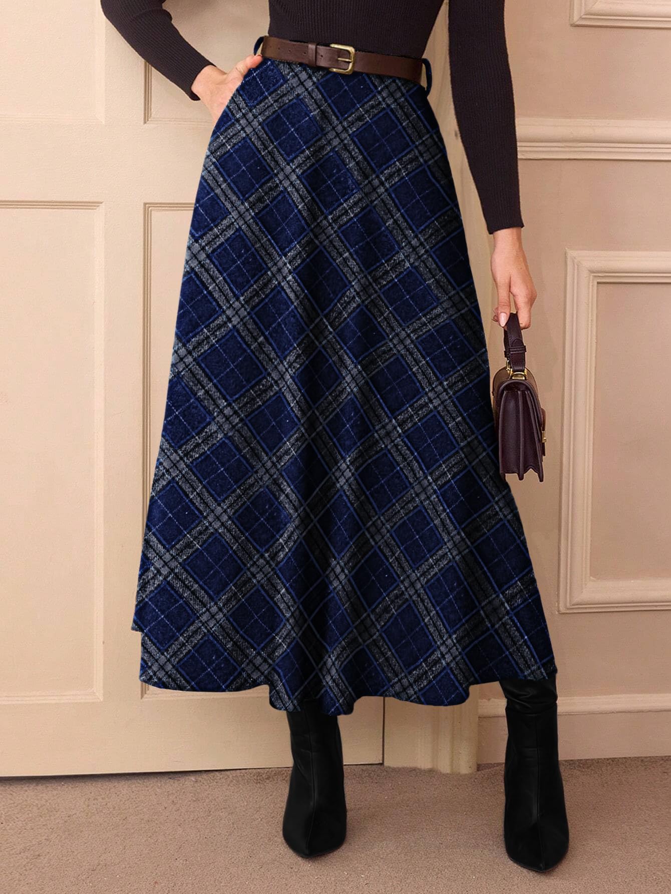 Women's Plaid Skirts - High Waist A-Line Midi Tartan Skirt with Pockets