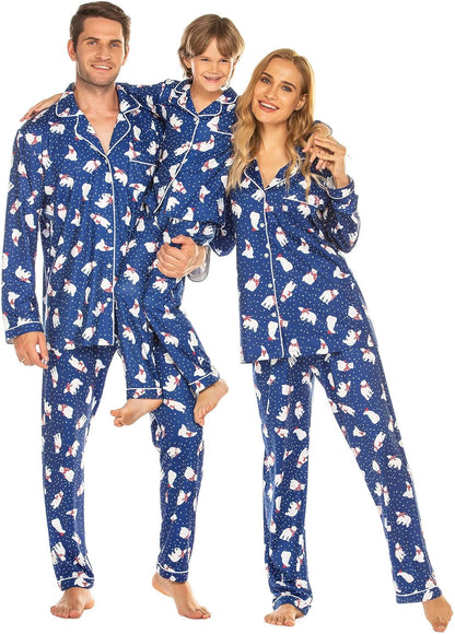 Christmas Family Matching Pajamas - Long Sleeve Button Down PJ Set Blue Polar Bear