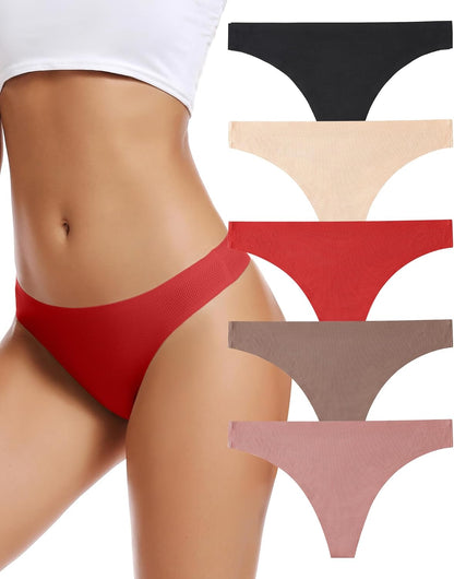 Women's Seamless Thong Underwear 5-Pack No Show Breathable Panties I-5 Pack Coffee