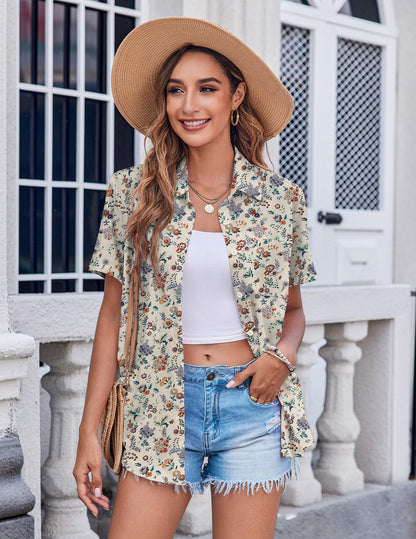 Polyester Blouse - Women's Button Down Shirt Short Sleeve Business Casual Blouse with Chest Pocket