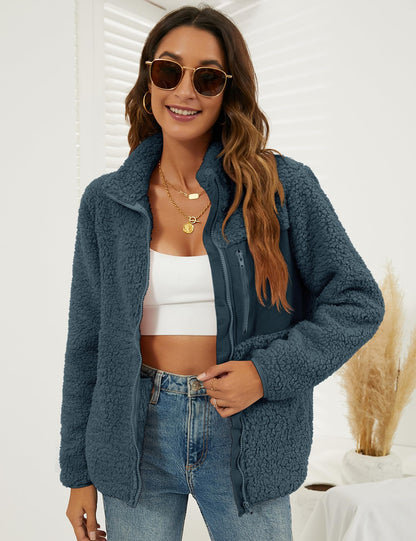 VVK Women's Fashion Faux Shearling Shaggy Full Zip Coats Warm Winter Patchwork Jackets with Pocket