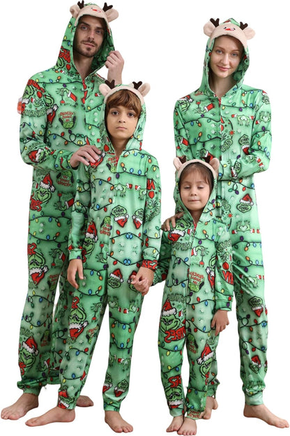 Matching Christmas Onesies for Family - Zip Up One-Piece Holiday Pajamas Grincmas Lights