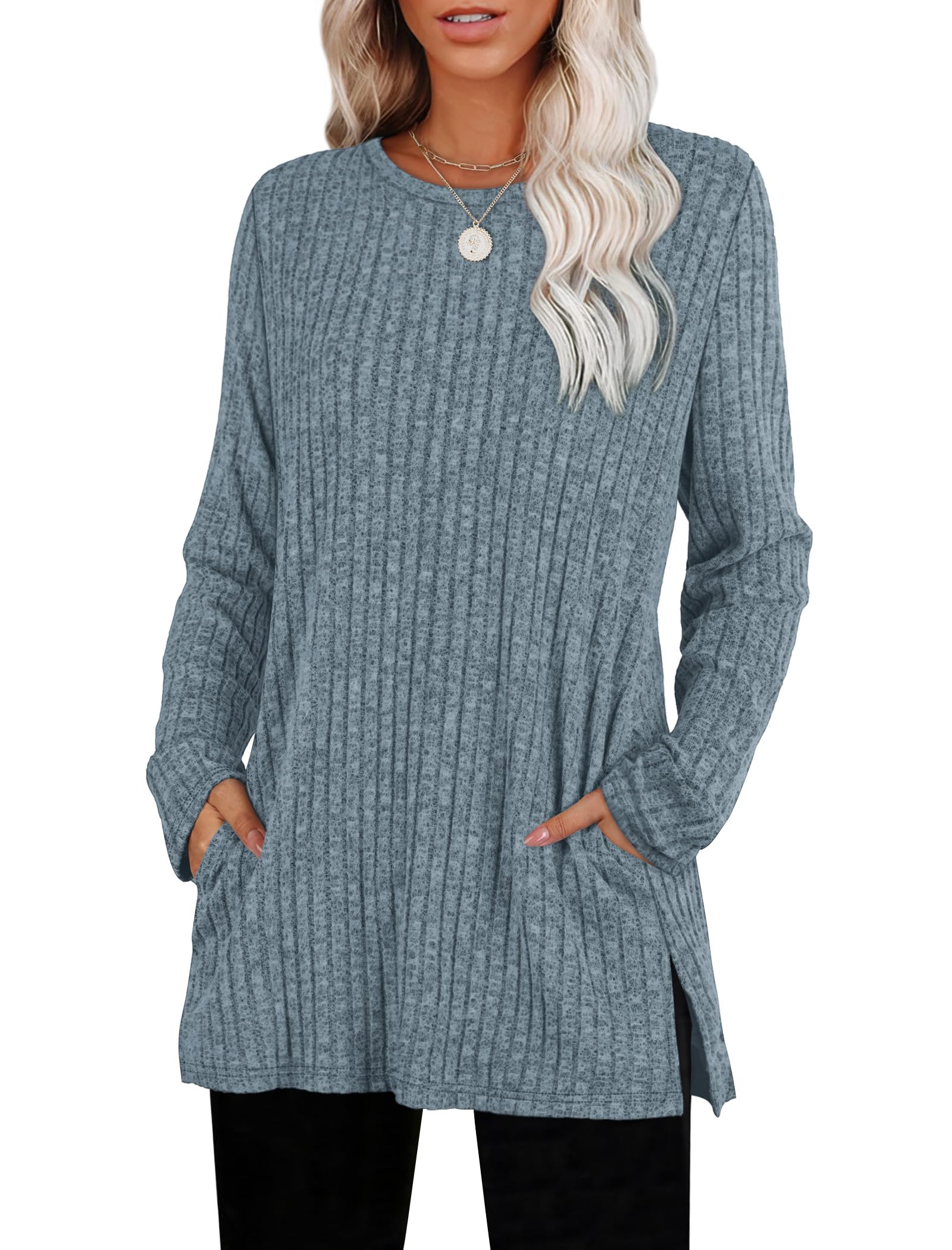 Women's Crewneck Sweater with Pockets - Long Sleeve Tunic Top with Side Slits