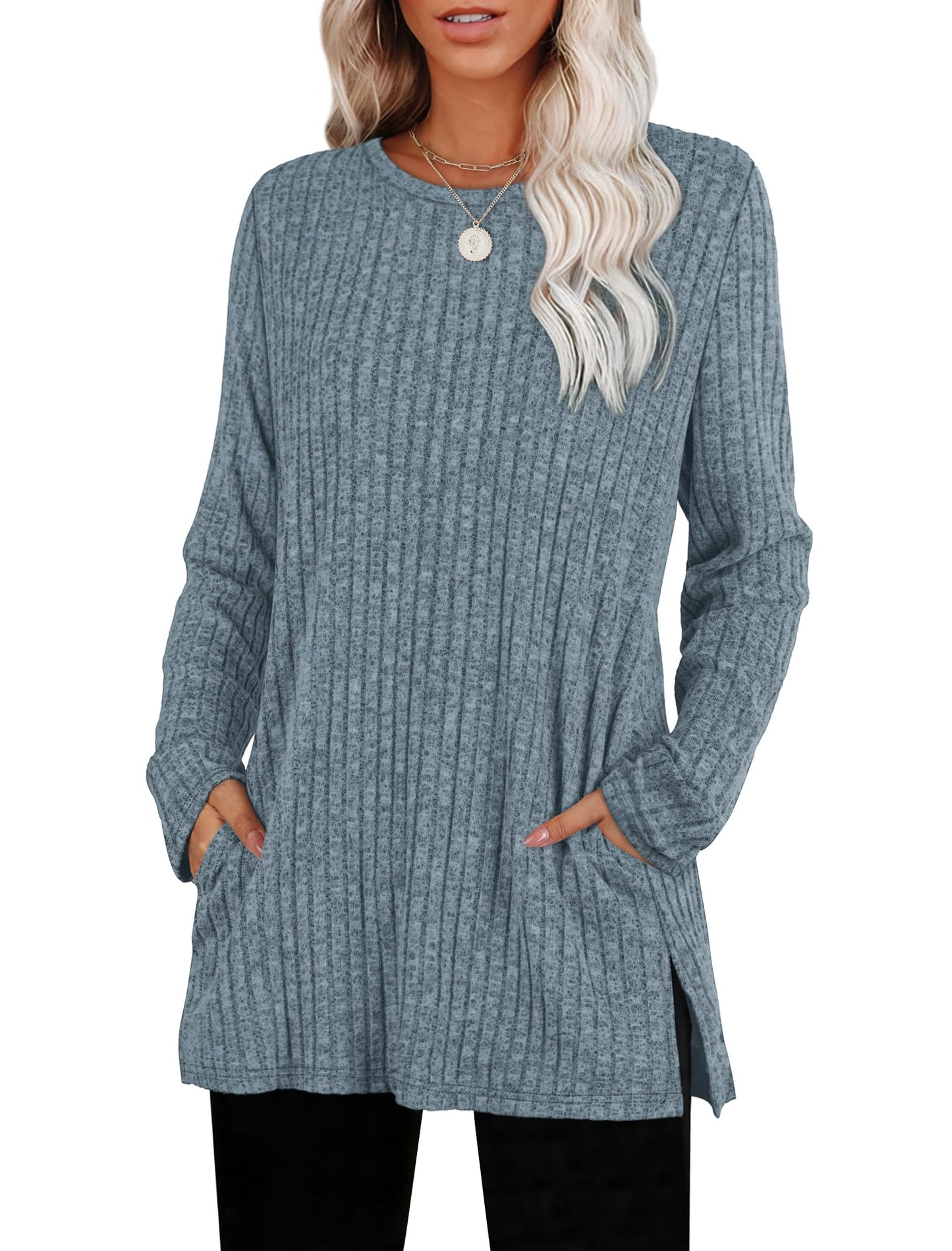Women's Crewneck Sweater with Pockets - Long Sleeve Tunic Top with Side Slits