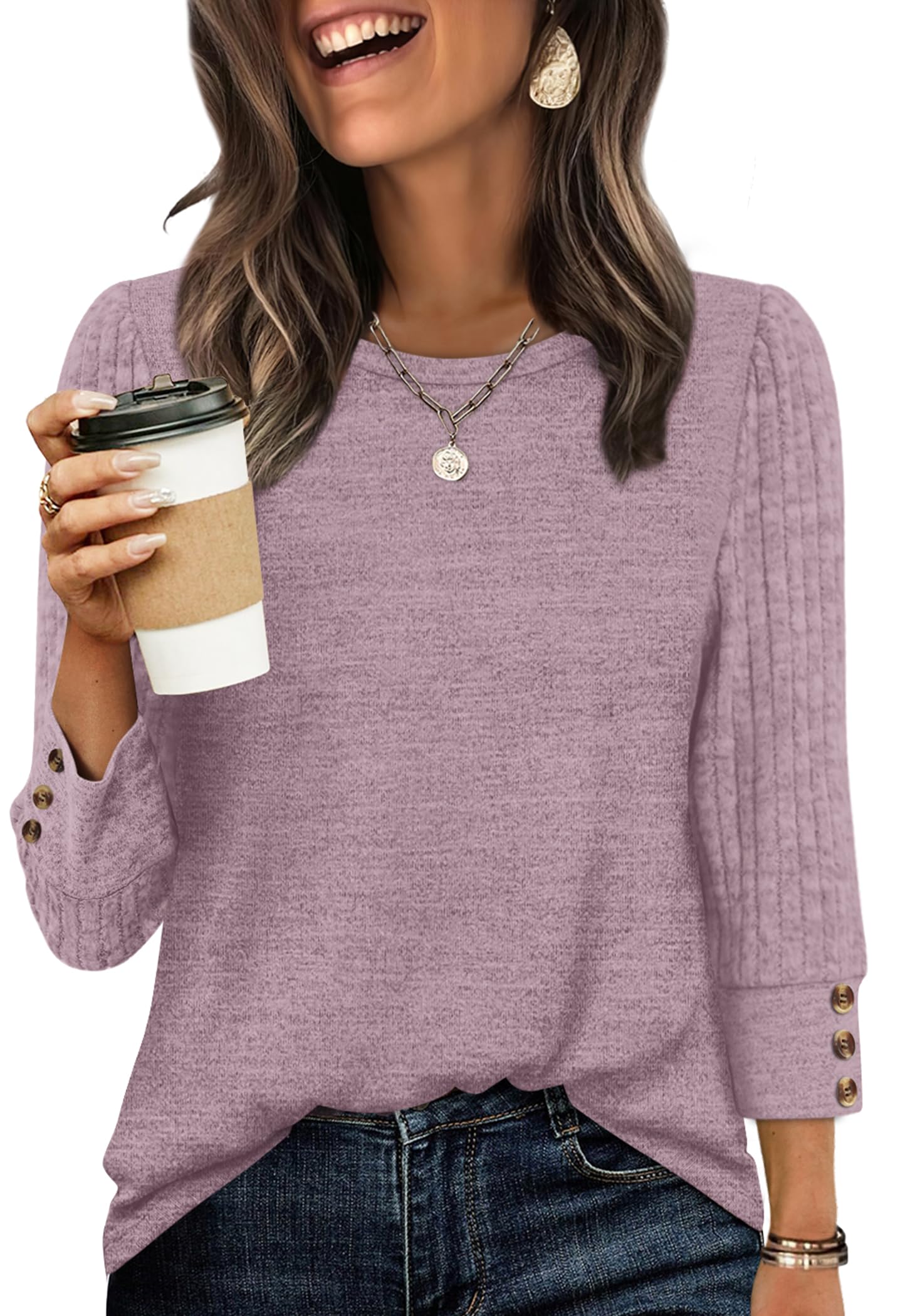 Women's Long Sleeve Shirts - Lightweight 3/4 Sleeve Sweaters with Buttons 05-pink Purple