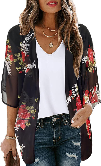 Floral Print Kimono Cardigan Women Puff Sleeve Cover Up Casual Blouse Loose Top A Black Floral