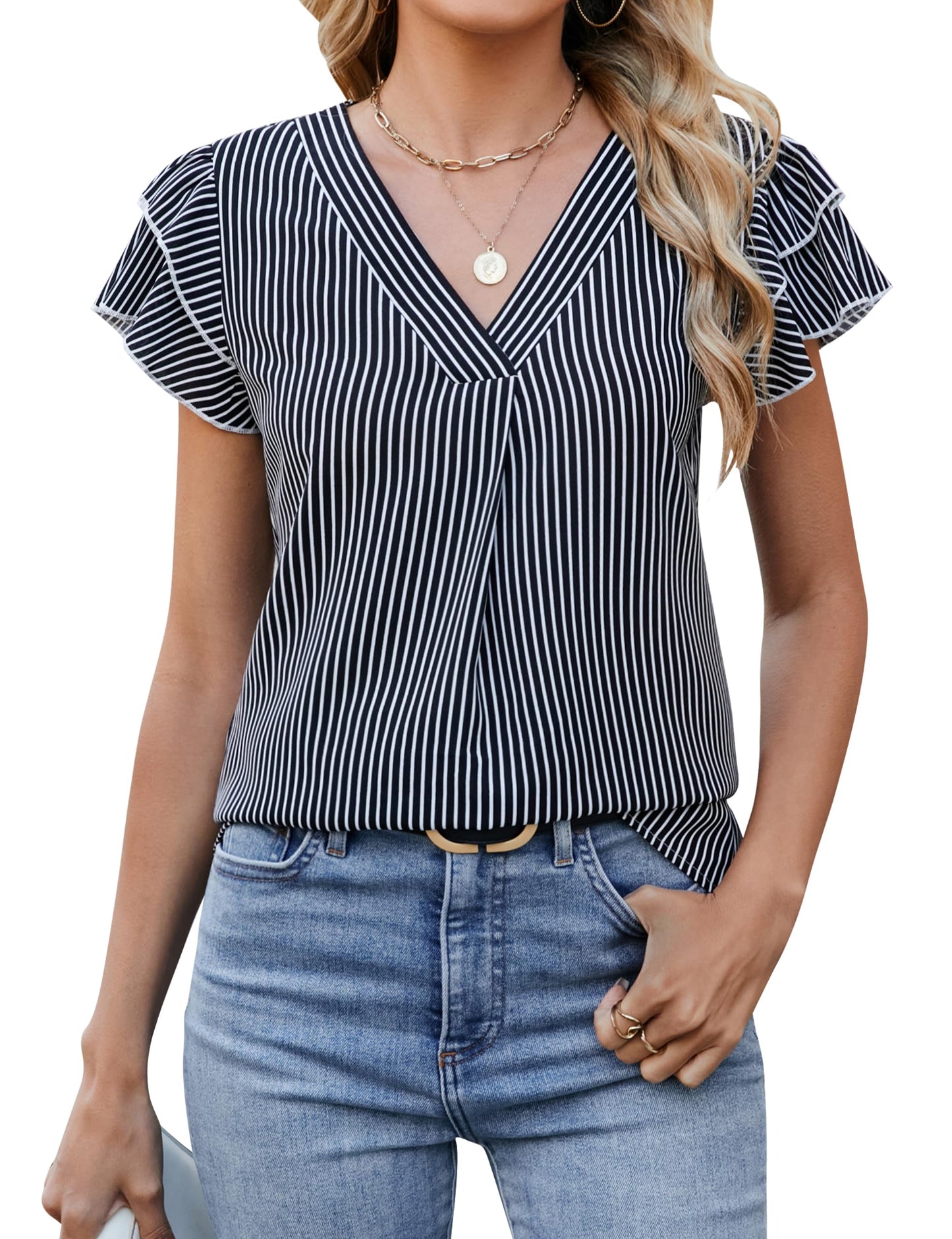 Polyester Blouses - Women's V-Neck Blouse Short Sleeve Business Casual Work Shirt Summer Top
