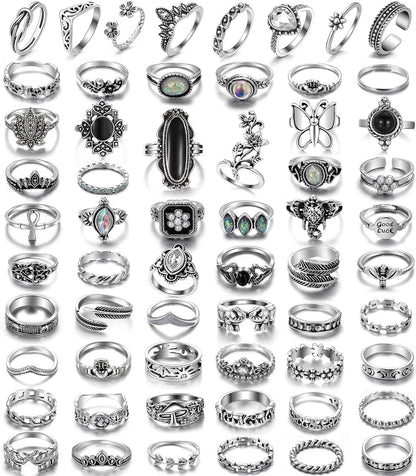 Vintage Silver Knuckle Rings Set 42 Pieces Adjustable Gothic Stackable Rings 60