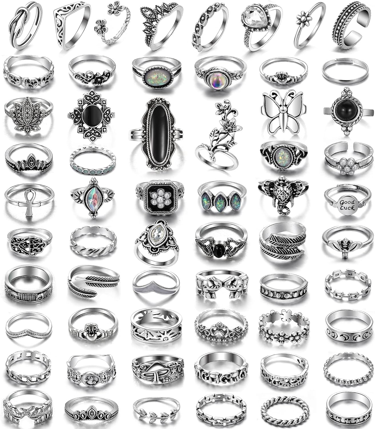 Vintage Silver Knuckle Rings Set 42 Pieces Adjustable Gothic Stackable Rings 60