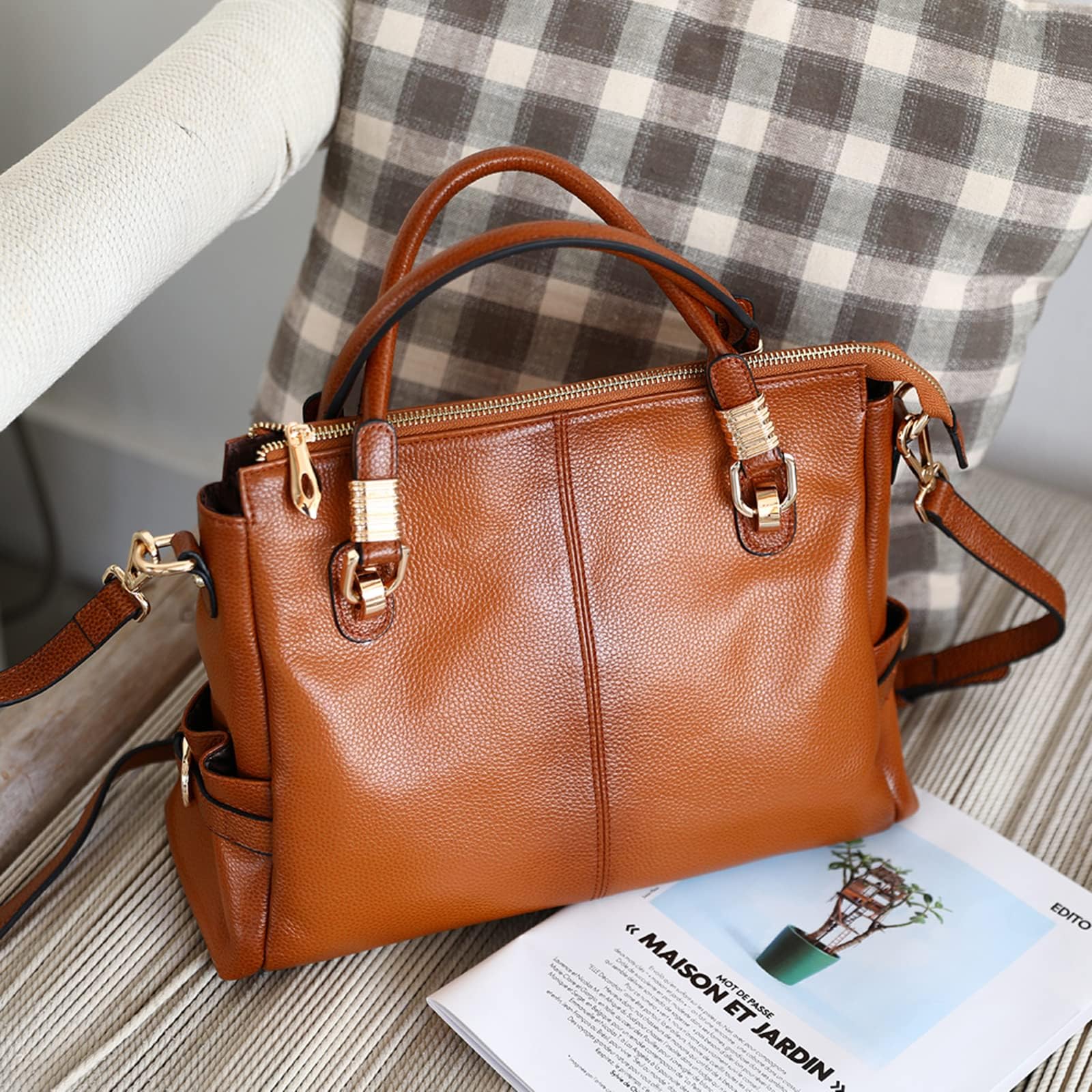 Women Genuine Leather Handbag - Soft Satchel Tote Shoulder Bag with Adjustable Strap