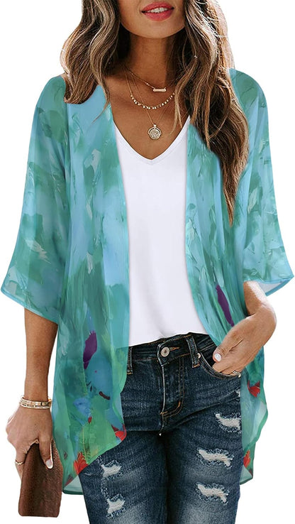 Floral Print Kimono Cardigan Women Puff Sleeve Cover Up Casual Blouse Loose Top