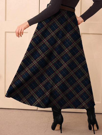 Women's Plaid Skirts - High Waist A-Line Midi Tartan Skirt with Pockets