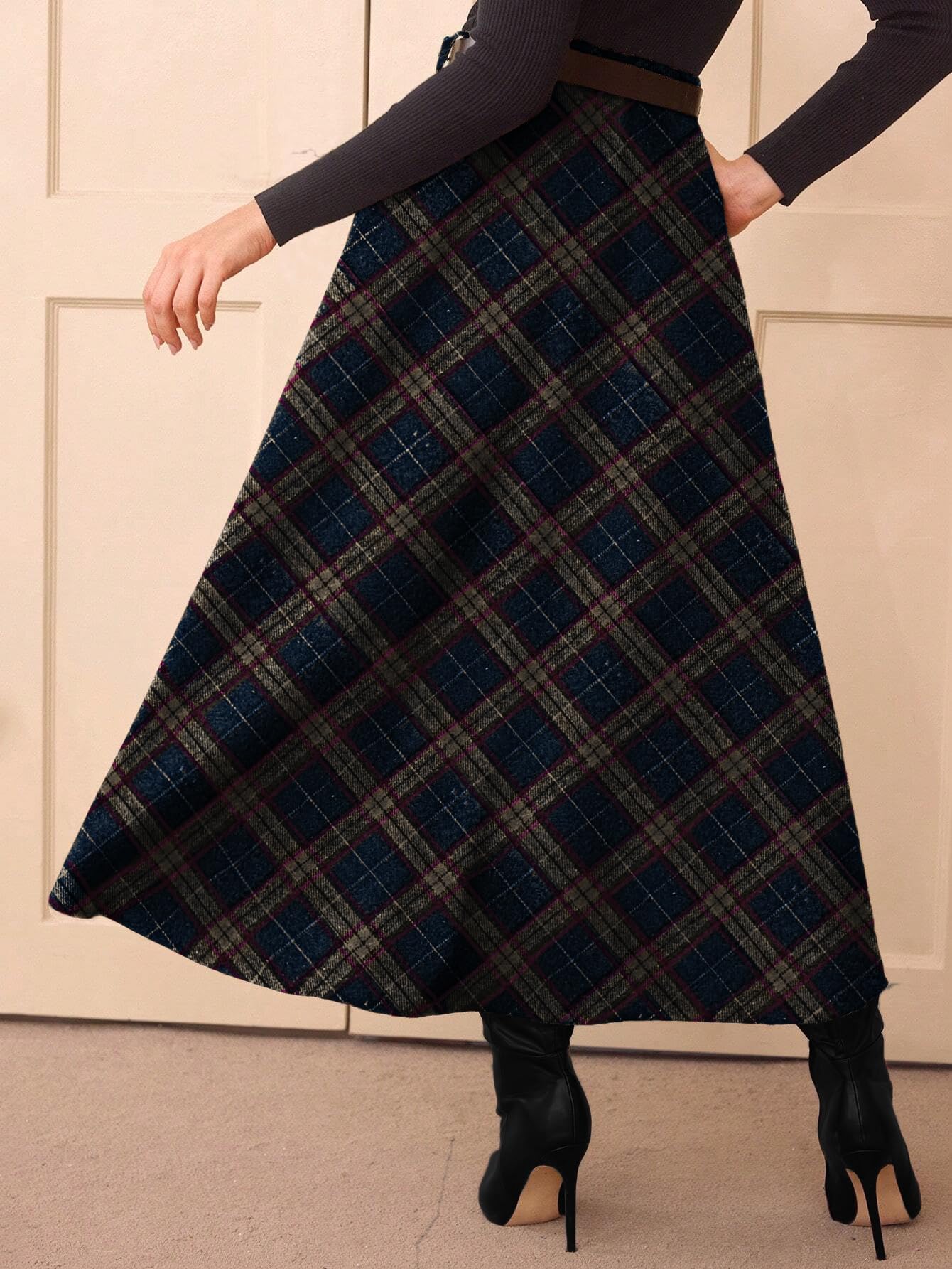 Women's Plaid Skirts - High Waist A-Line Midi Tartan Skirt with Pockets