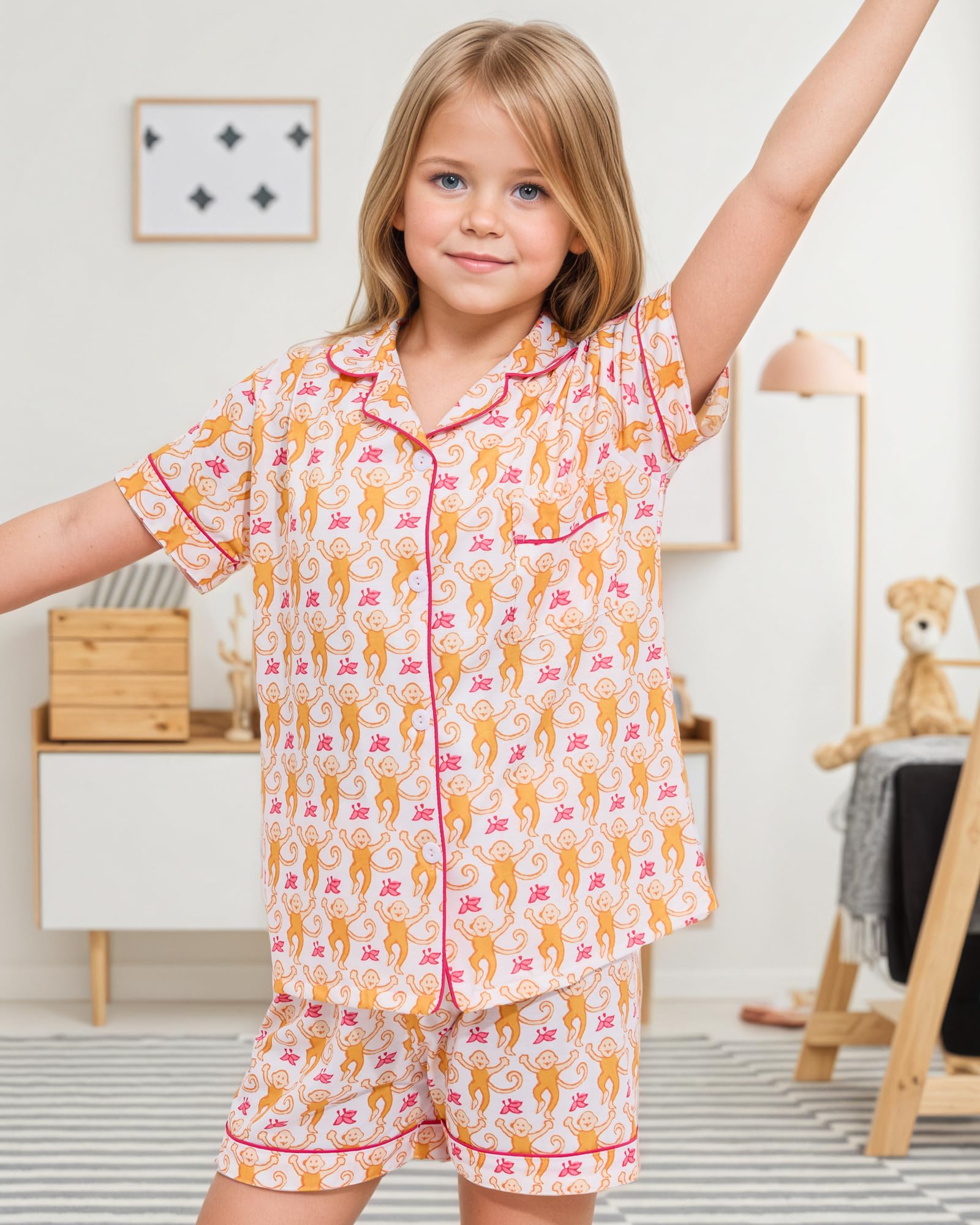 Roller Rabbit Pajamas Kids - Girls Summer 2 Piece Set - Button Down Top and Shorts