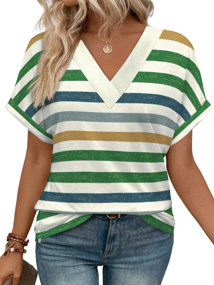 Womens Summer Tops V Neck Short Sleeve Shirts Casual Dolman Sleeve Fashion Blouse 2-striped - Green