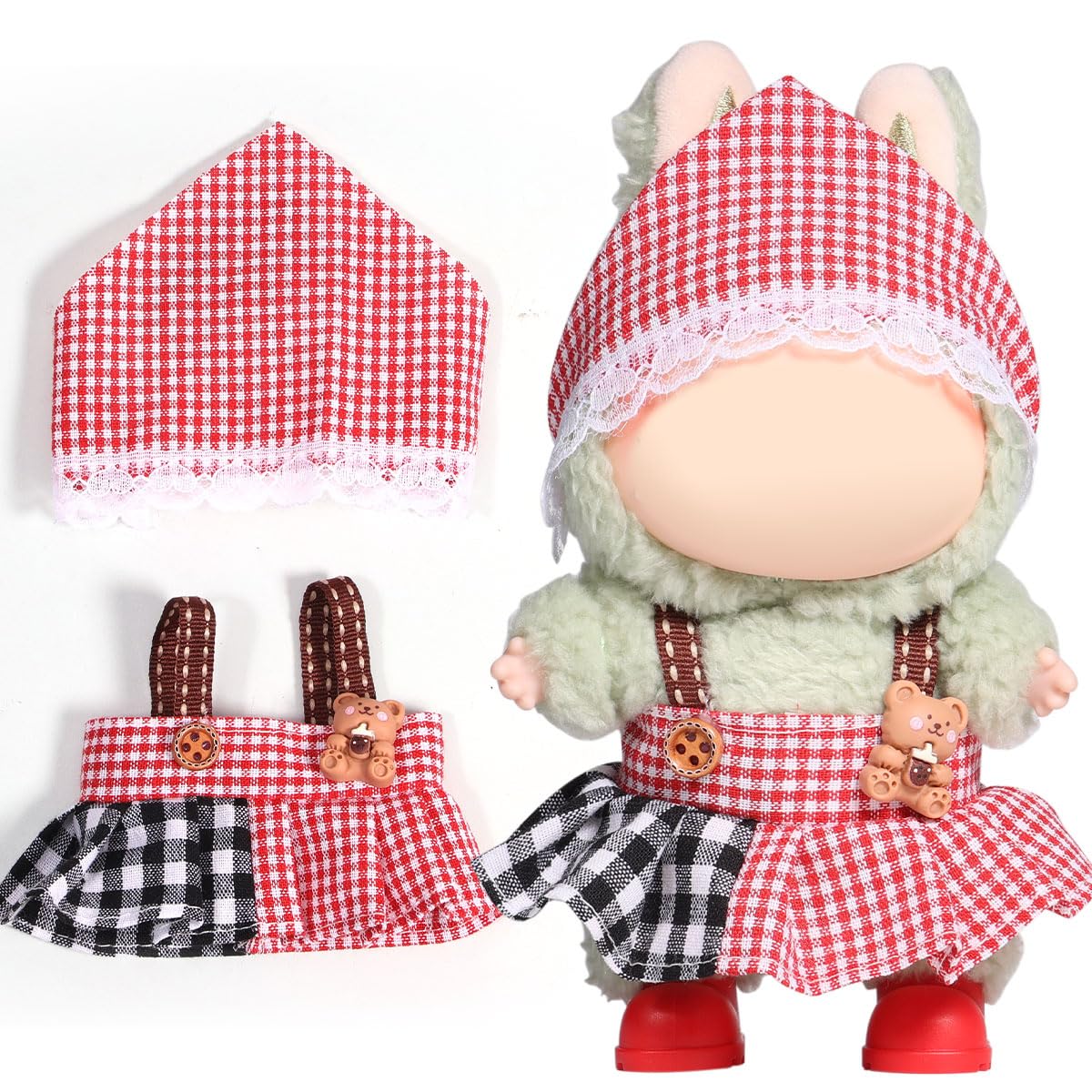 3 Piece Doll Clothes Set for 17cm Dolls - Handmade Crochet Outfit with Hat Bear sling (headband + dress)
