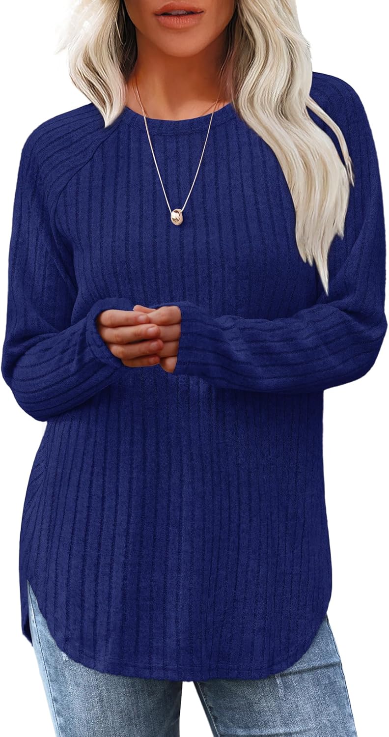 Long Sleeve Tunic Top for Women - Loose Fit Pullover with Curved Hem Navy Blue