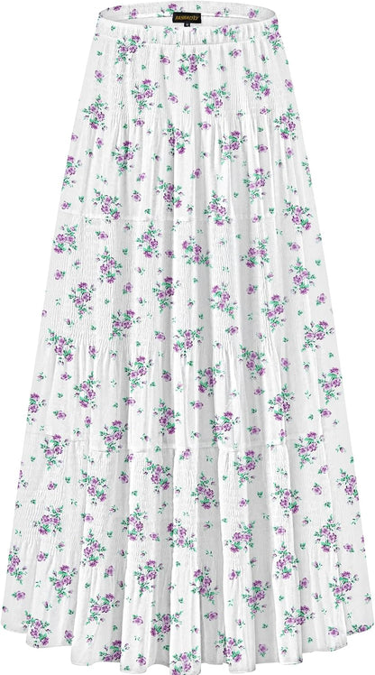 Chiffon Maxi Skirt for Women - High Waist Pleated A-Line Flared Long Skirt Small White Purple Flower
