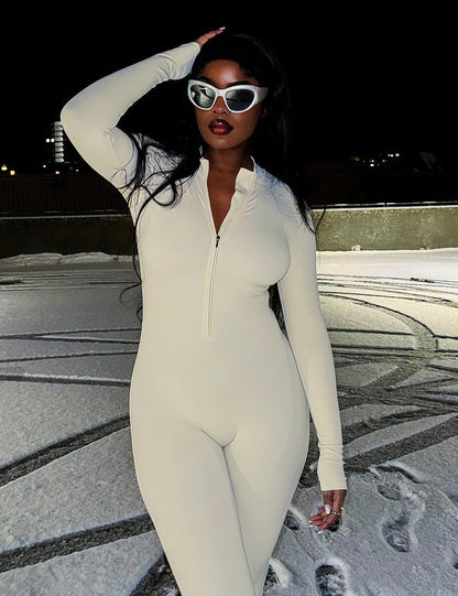 Women's Long Sleeve Workout Jumpsuit - Zip Up Bodycon Romper One Piece