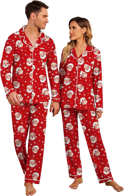 Christmas Family Matching Pajamas - Long Sleeve Button Down PJ Set Red Santa Claus