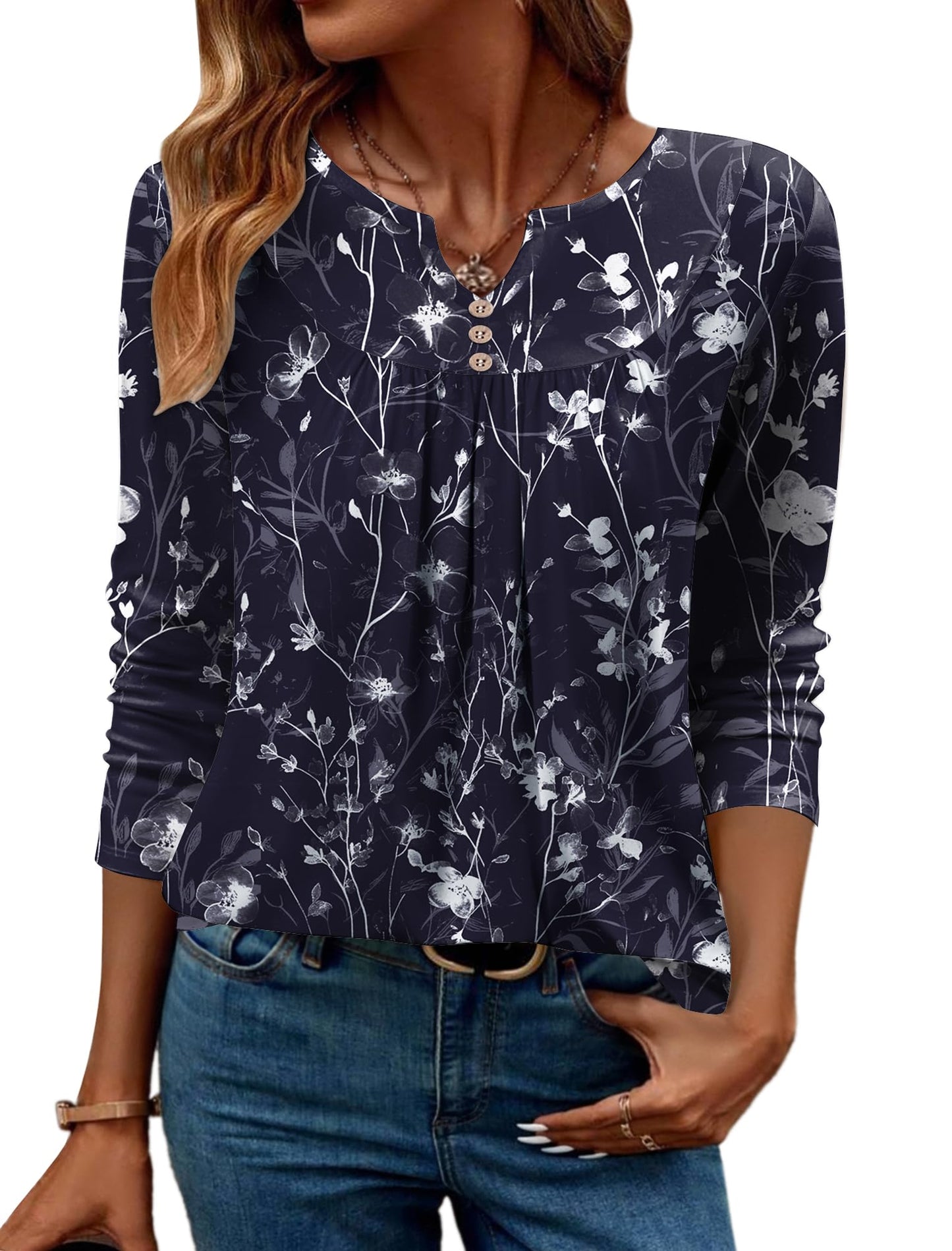 Women Long Sleeve V Neck Blouse - Casual Dressy Work Tunic Top with Pleated Detail 2025 Navy Blue Flowers