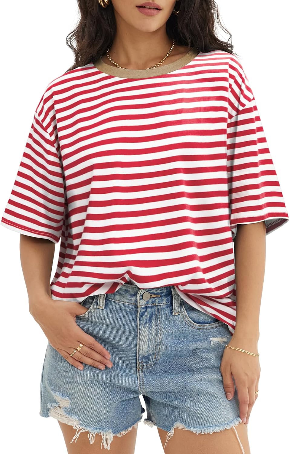 Women's Oversized T Shirts - Loose Fit Crewneck Short Sleeve Casual Tops Striped (Red & White)