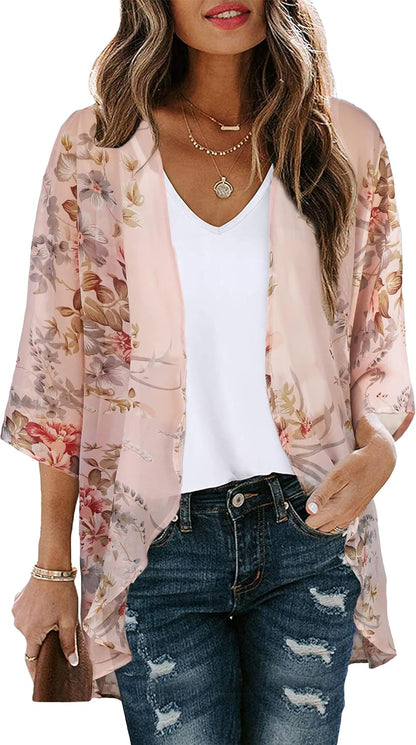 Floral Print Kimono Cardigan Women Puff Sleeve Cover Up Casual Blouse Loose Top Flowers Pink