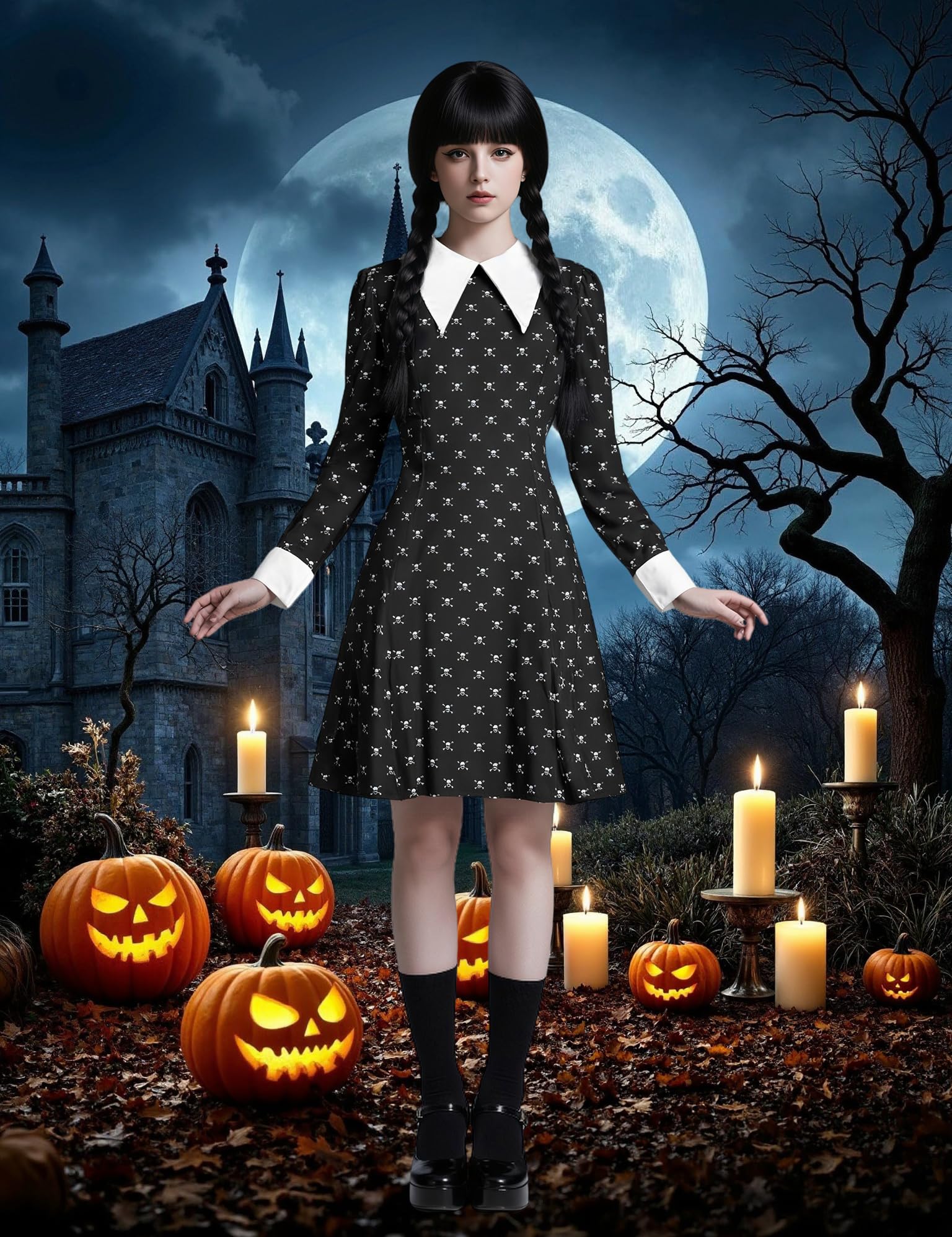 Black Dress Halloween Costume - Women's Complete Outfit with Wig and Accessories