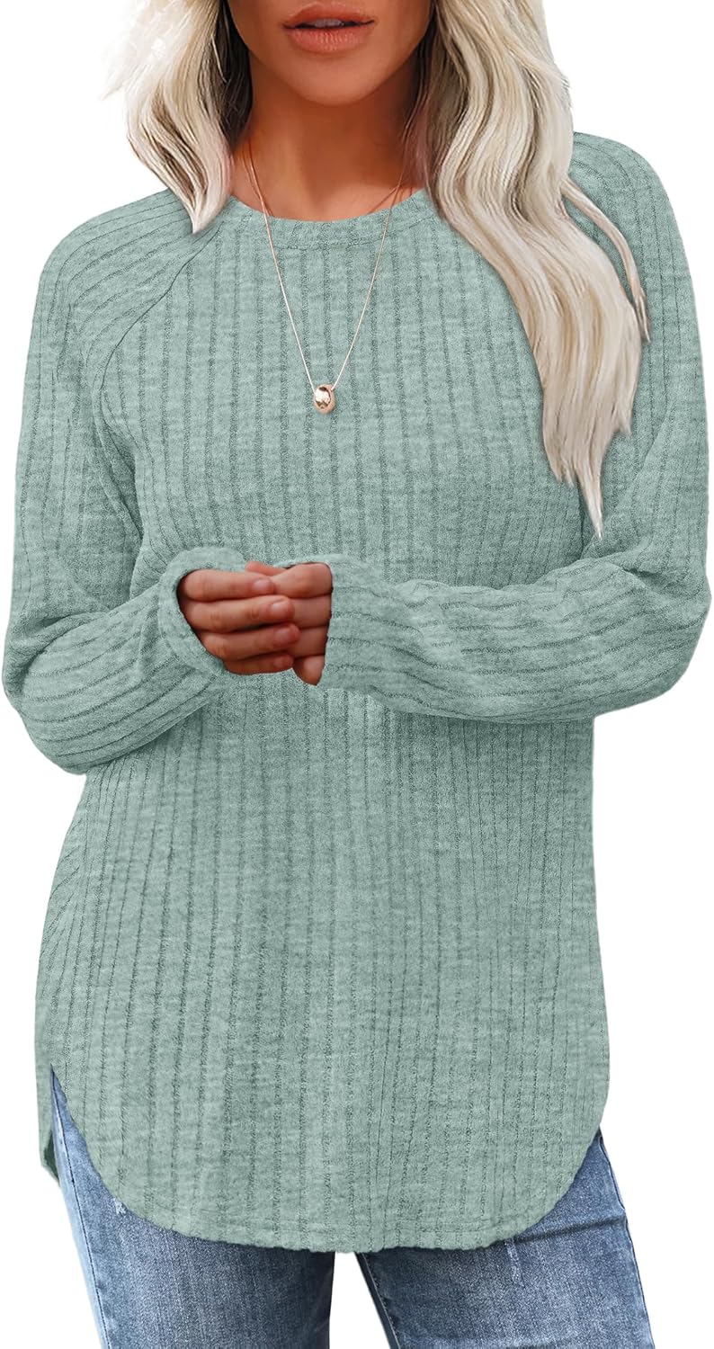 Women's Long Sleeve Tunic Tops - Loose Fit Crewneck Pullover with Curved Hem