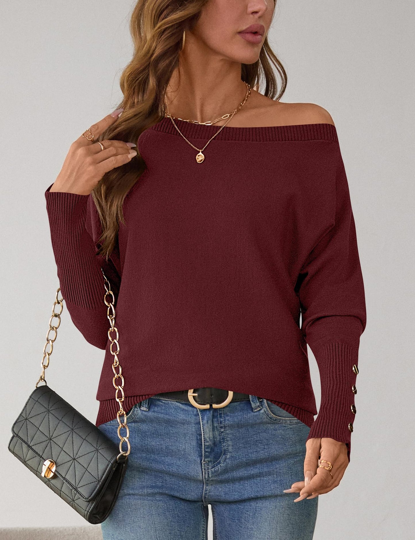 Women's Off The Shoulder Sweater - Oversized Knit Batwing Sleeve Pullover